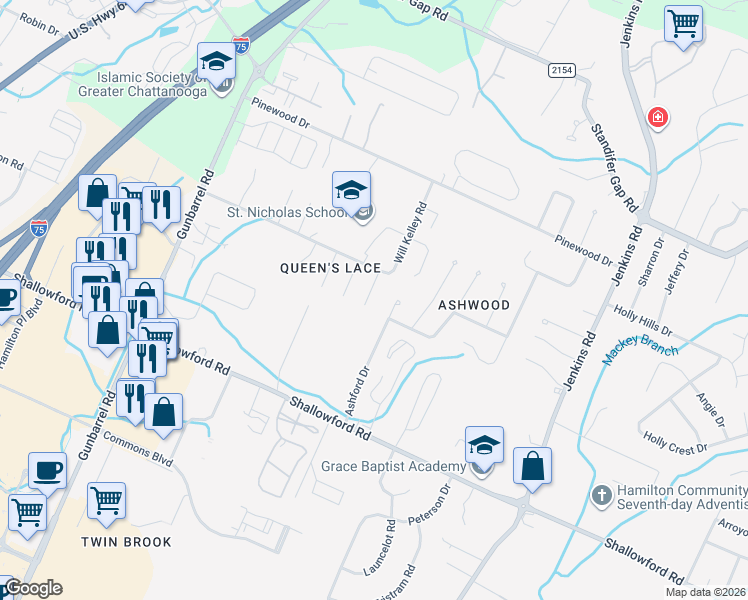 map of restaurants, bars, coffee shops, grocery stores, and more near 2414 Cone Flower Trail in Chattanooga