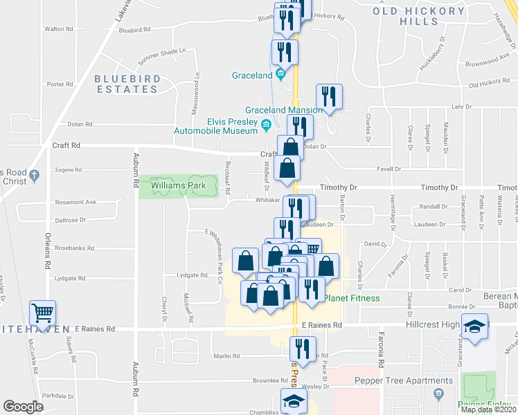 map of restaurants, bars, coffee shops, grocery stores, and more near 1091 Whitaker Drive in Memphis