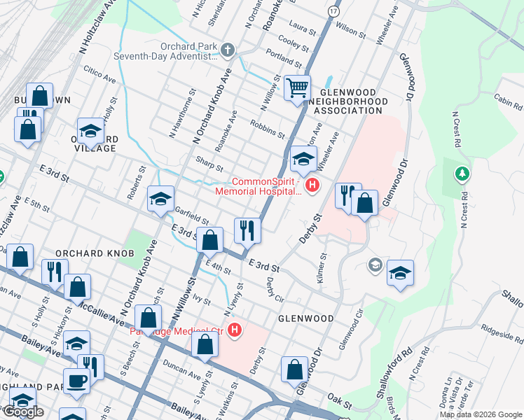 map of restaurants, bars, coffee shops, grocery stores, and more near 553 Dodson Avenue in Chattanooga
