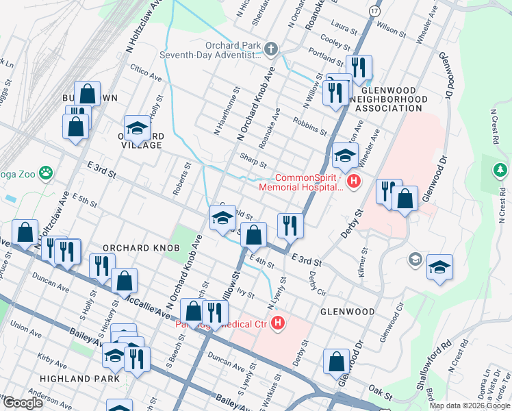 map of restaurants, bars, coffee shops, grocery stores, and more near 2020 Blackford Street in Chattanooga