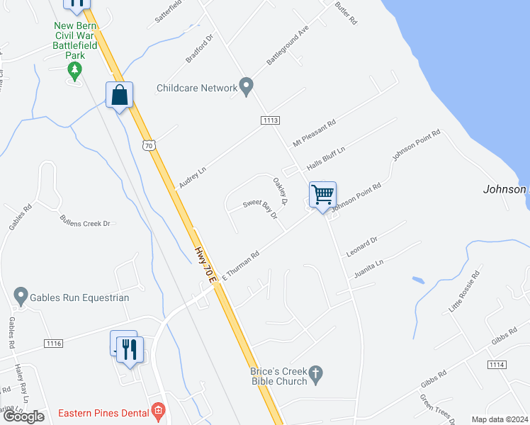 map of restaurants, bars, coffee shops, grocery stores, and more near 113 Sweet Bay Drive in New Bern