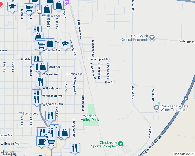 map of restaurants, bars, coffee shops, grocery stores, and more near 404 Walnut St in Chickasha