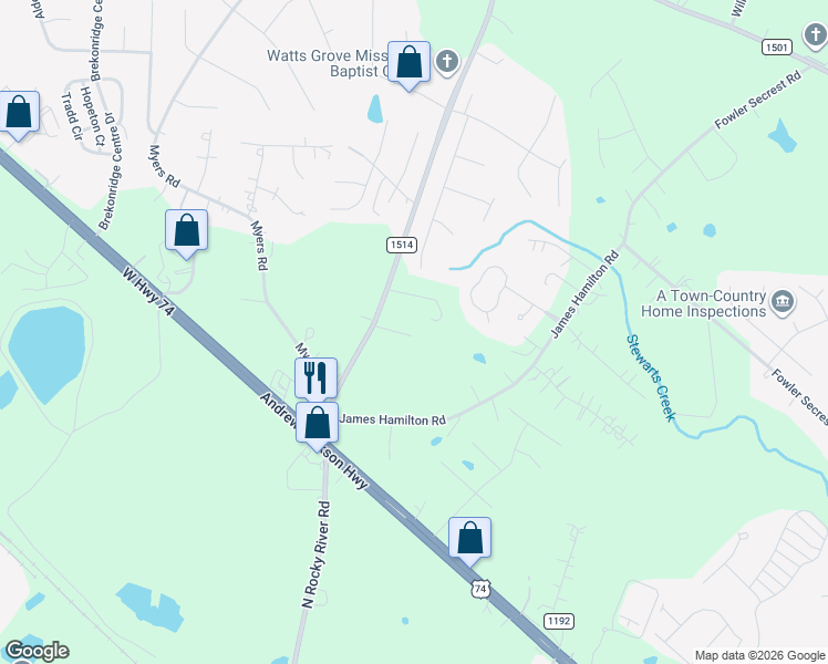 map of restaurants, bars, coffee shops, grocery stores, and more near 2800 North Rocky River Road in Monroe