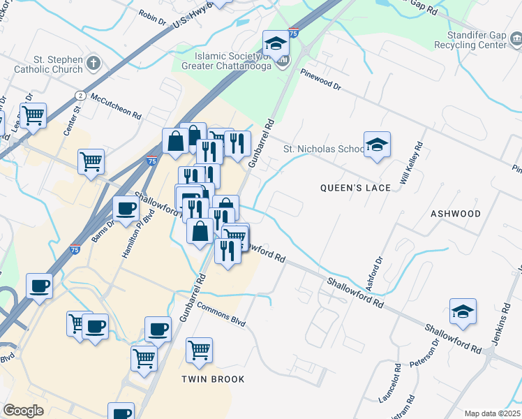 map of restaurants, bars, coffee shops, grocery stores, and more near 7417 Preston Circle in Chattanooga