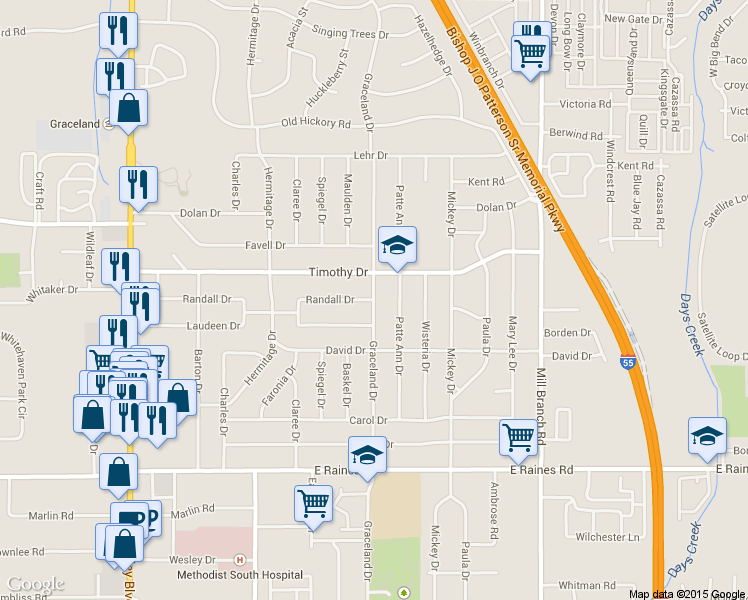 map of restaurants, bars, coffee shops, grocery stores, and more near Graceland Drive in Memphis