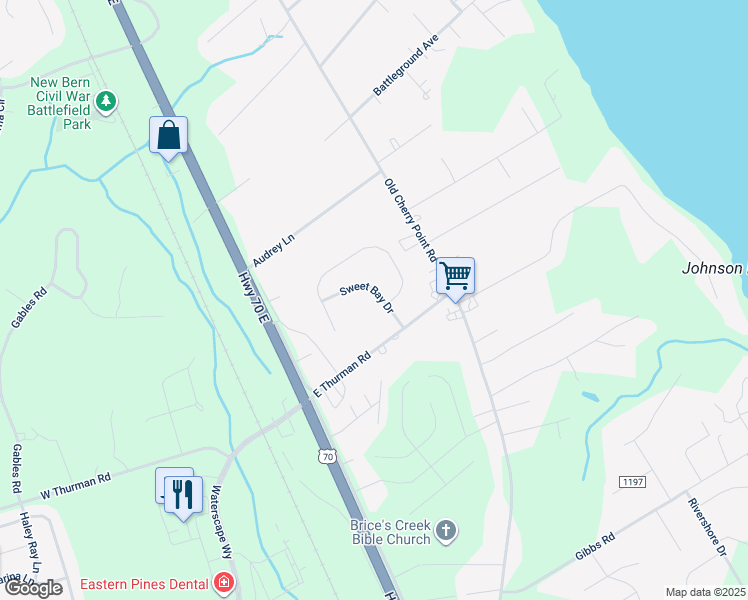 map of restaurants, bars, coffee shops, grocery stores, and more near 113 Sweet Bay Drive in New Bern