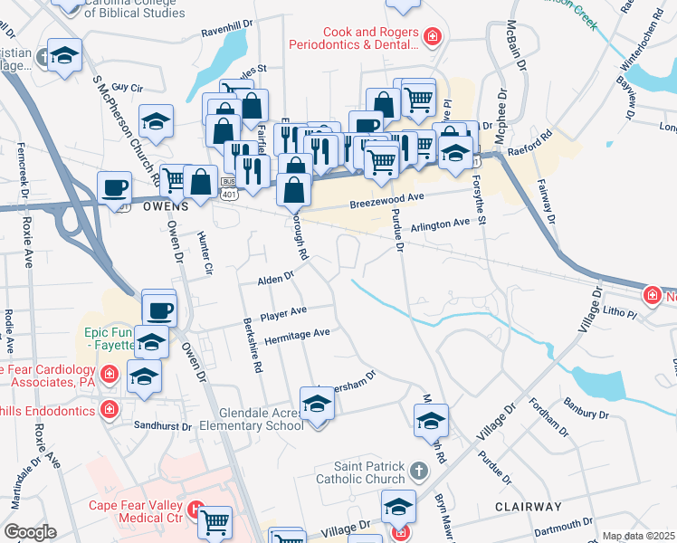 map of restaurants, bars, coffee shops, grocery stores, and more near 2717 Preston Woods Lane in Fayetteville