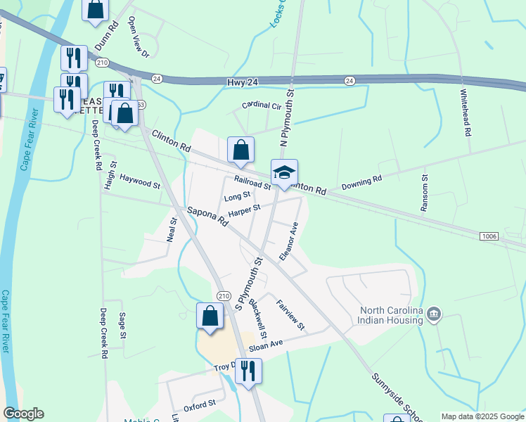 map of restaurants, bars, coffee shops, grocery stores, and more near 1734 Harper Street in Fayetteville