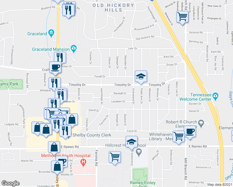 map of restaurants, bars, coffee shops, grocery stores, and more near Randall Drive in Memphis