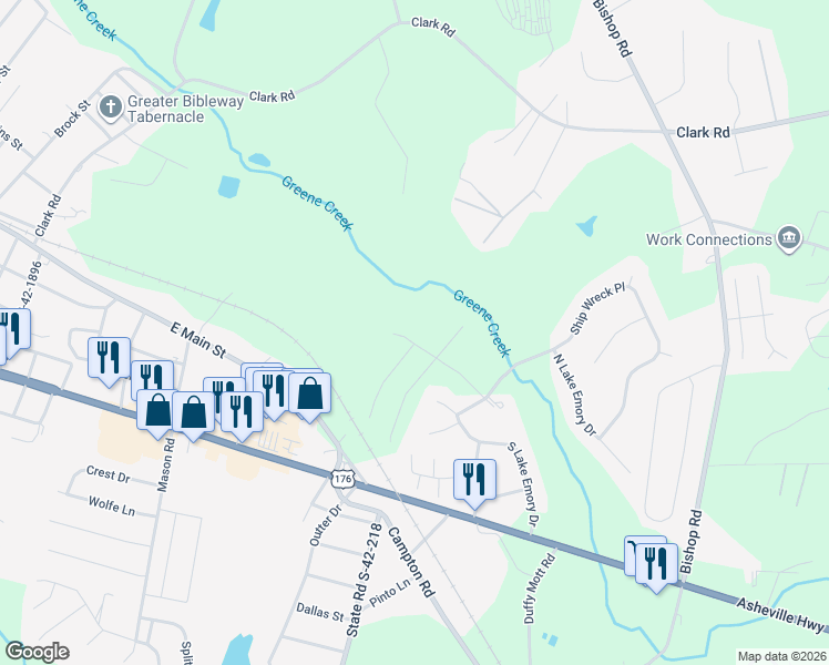 map of restaurants, bars, coffee shops, grocery stores, and more near 198 South Lake Emory Drive in Inman