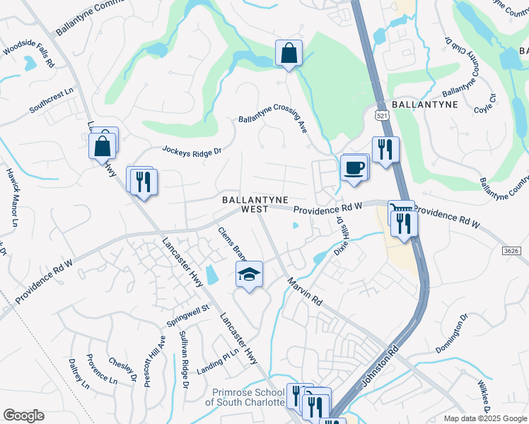 map of restaurants, bars, coffee shops, grocery stores, and more near 11511 Providence Road West in Charlotte