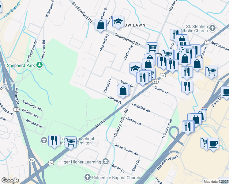 map of restaurants, bars, coffee shops, grocery stores, and more near 6705 Ballard Drive in Chattanooga