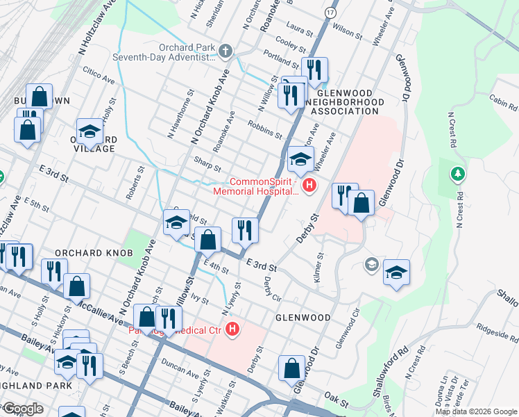 map of restaurants, bars, coffee shops, grocery stores, and more near 553 Dodson Avenue in Chattanooga