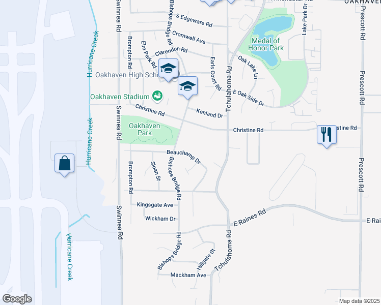 map of restaurants, bars, coffee shops, grocery stores, and more near 3158 Beauchamp Drive in Memphis