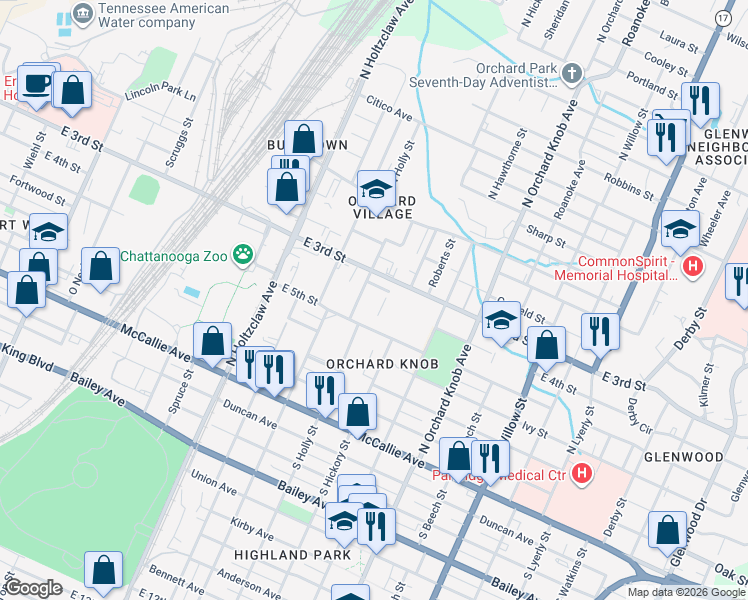 map of restaurants, bars, coffee shops, grocery stores, and more near 1600 East 3rd Street in Chattanooga