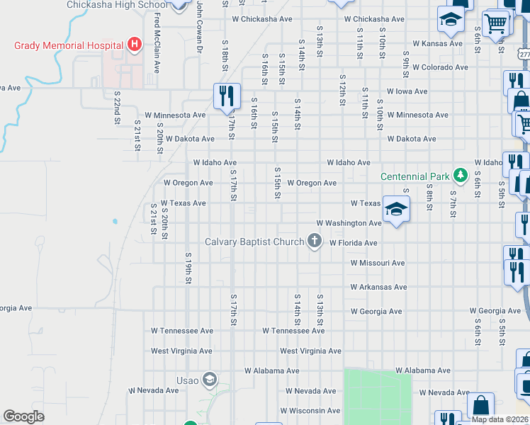 map of restaurants, bars, coffee shops, grocery stores, and more near 915 South 16th Street in Chickasha