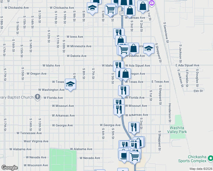 map of restaurants, bars, coffee shops, grocery stores, and more near 919 South 6th Street in Chickasha
