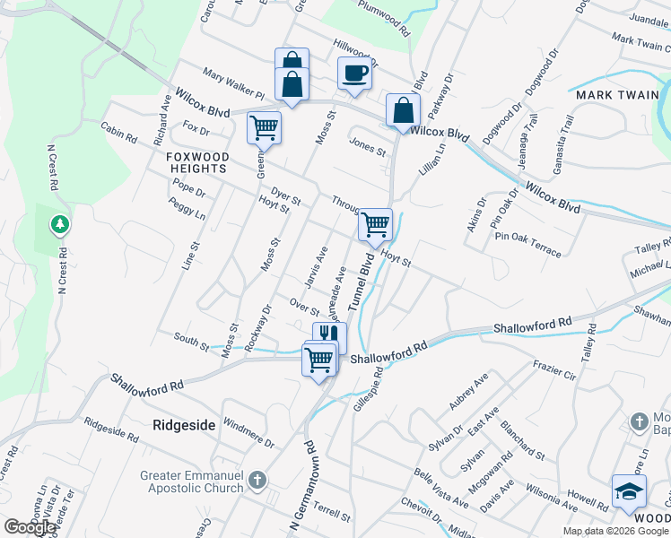 map of restaurants, bars, coffee shops, grocery stores, and more near 1015 Belmeade Ave in Chattanooga