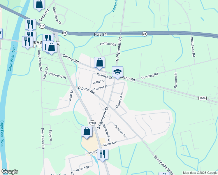 map of restaurants, bars, coffee shops, grocery stores, and more near 1734 Harper Street in Fayetteville