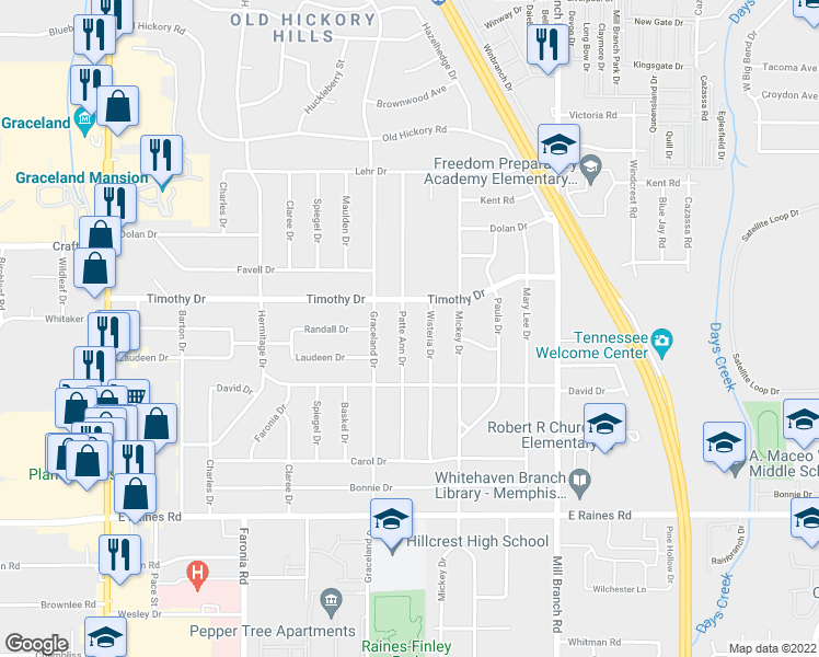 map of restaurants, bars, coffee shops, grocery stores, and more near 3922 Patte Ann Drive in Memphis