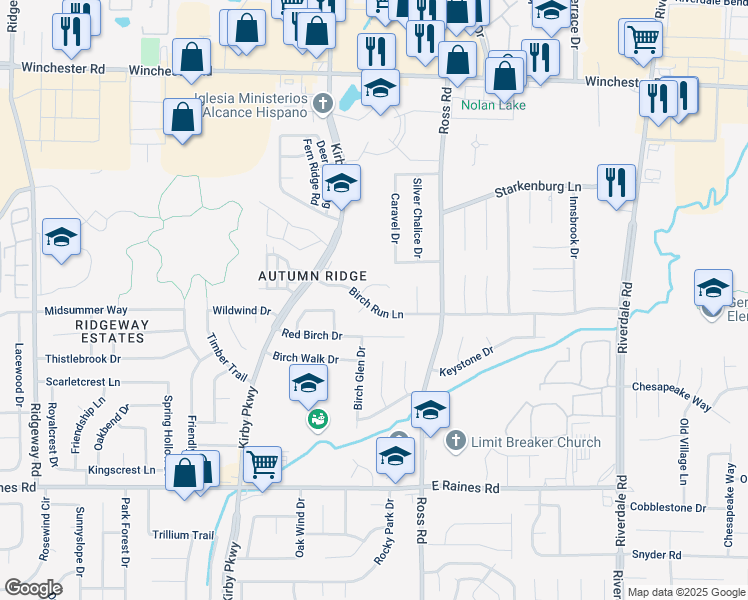 map of restaurants, bars, coffee shops, grocery stores, and more near 6628 Birch Run Lane in Memphis
