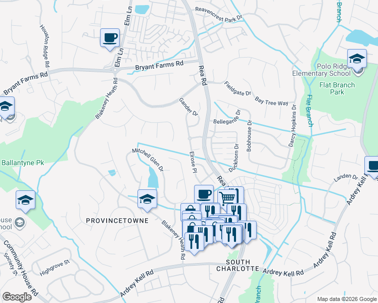 map of restaurants, bars, coffee shops, grocery stores, and more near 9108 Elrose Pl in Charlotte