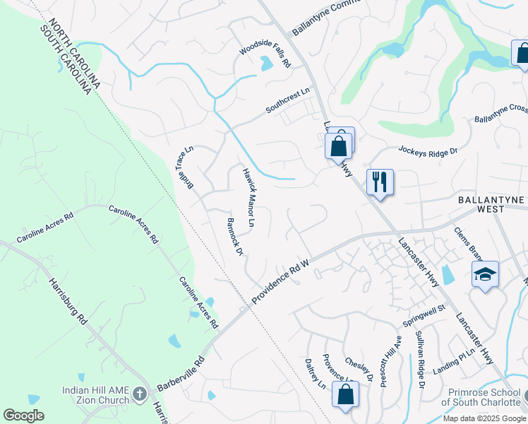map of restaurants, bars, coffee shops, grocery stores, and more near 12417 Tantallon Court in Pineville