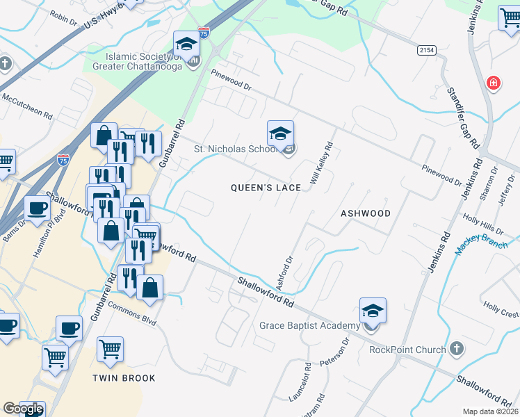 map of restaurants, bars, coffee shops, grocery stores, and more near 2405 Columbine Trail in Chattanooga