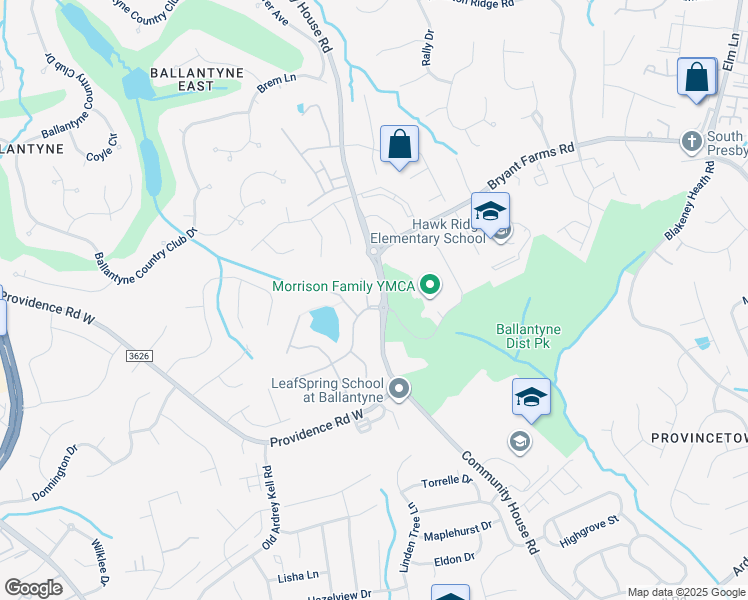 map of restaurants, bars, coffee shops, grocery stores, and more near 9625 Black Watch Court in Charlotte