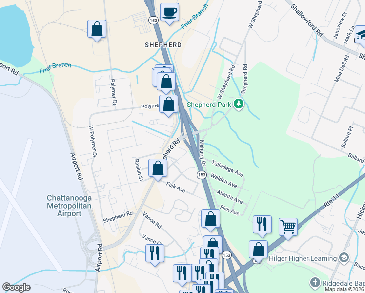 map of restaurants, bars, coffee shops, grocery stores, and more near 6029 Talladega Avenue in Chattanooga