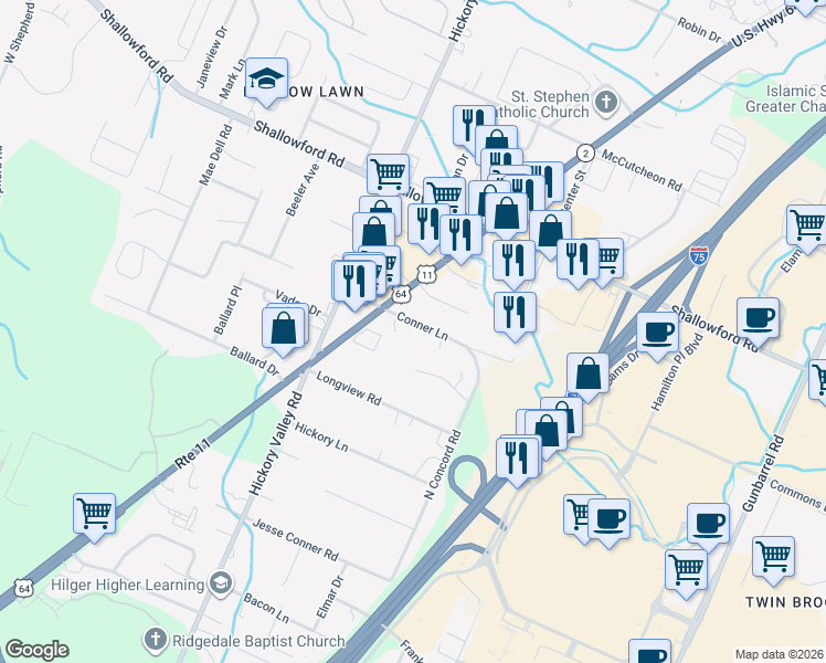 map of restaurants, bars, coffee shops, grocery stores, and more near 6814 Conner Lane in Chattanooga