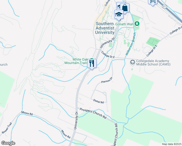 map of restaurants, bars, coffee shops, grocery stores, and more near 4682 University Dr in Ooltewah