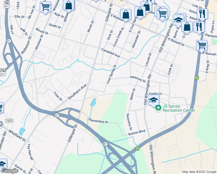 map of restaurants, bars, coffee shops, grocery stores, and more near 304 Kingdom Estate Drive in Fayetteville