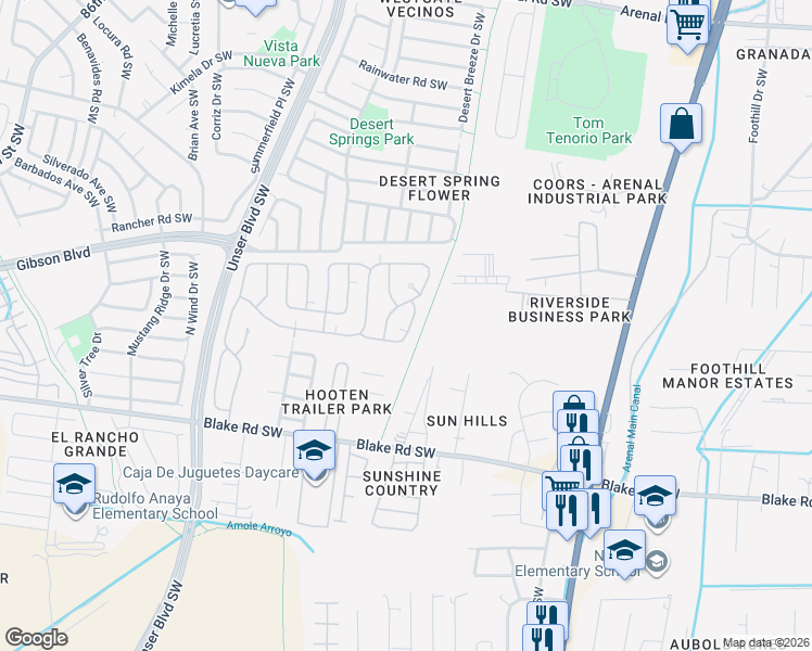 map of restaurants, bars, coffee shops, grocery stores, and more near 2614 Molino Way Southwest in Albuquerque