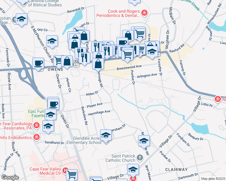 map of restaurants, bars, coffee shops, grocery stores, and more near 2790 Alden Drive in Fayetteville