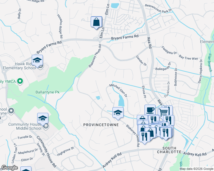 map of restaurants, bars, coffee shops, grocery stores, and more near 9308 Mitchell Glen Drive in Charlotte