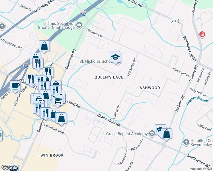 map of restaurants, bars, coffee shops, grocery stores, and more near 2405 Columbine Trail in Chattanooga