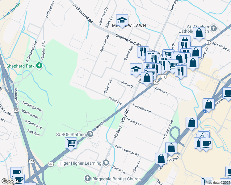 map of restaurants, bars, coffee shops, grocery stores, and more near 6705 Ballard Drive in Chattanooga