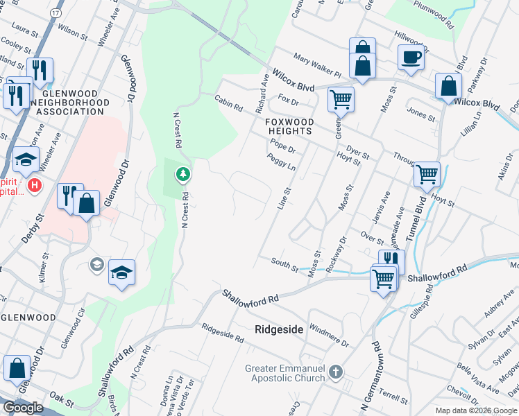 map of restaurants, bars, coffee shops, grocery stores, and more near 3038 Merrydale Drive in Chattanooga
