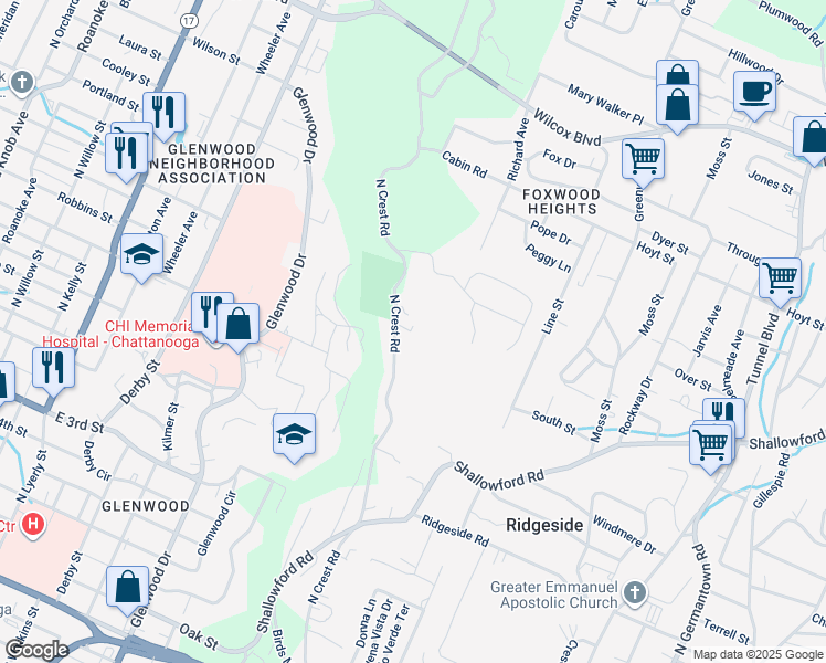 map of restaurants, bars, coffee shops, grocery stores, and more near 182 North Crest Road in Chattanooga