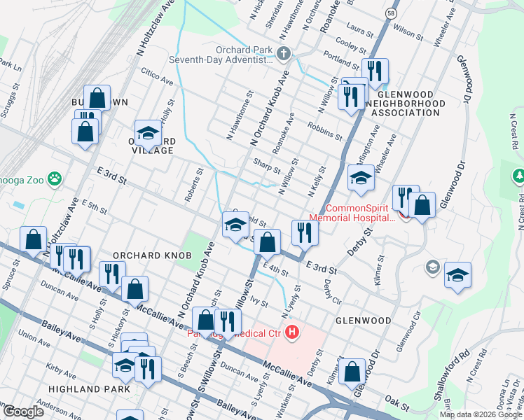 map of restaurants, bars, coffee shops, grocery stores, and more near 2020 Blackford Street in Chattanooga
