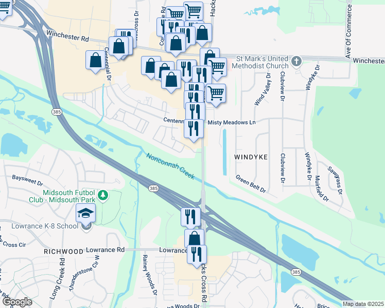 map of restaurants, bars, coffee shops, grocery stores, and more near 3943 Tamarron Circle in Memphis
