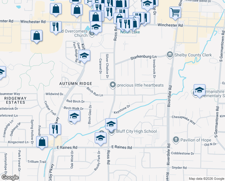 map of restaurants, bars, coffee shops, grocery stores, and more near 3921 Ross Road in Memphis