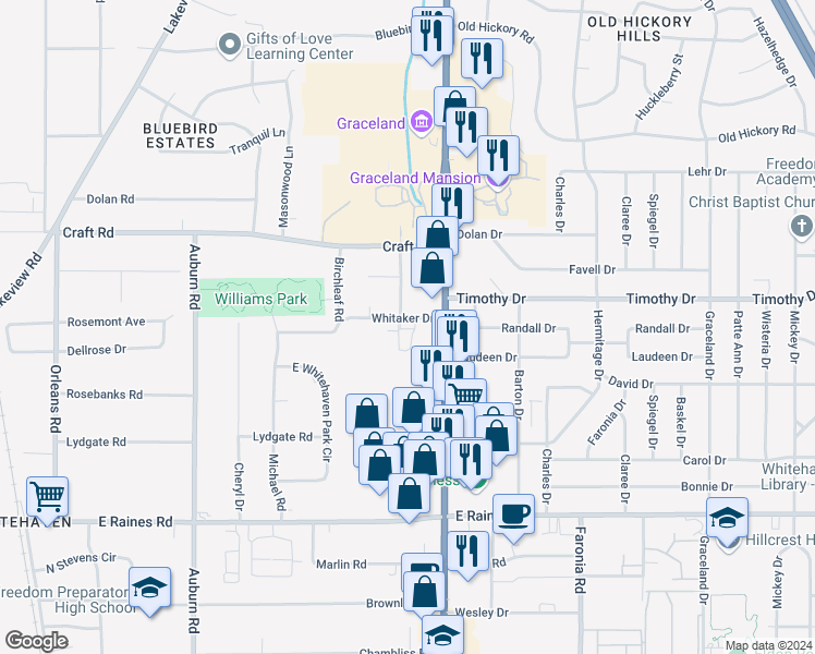 map of restaurants, bars, coffee shops, grocery stores, and more near 1127 Whitaker Drive in Memphis