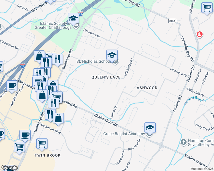 map of restaurants, bars, coffee shops, grocery stores, and more near 2405 Columbine Trail in Chattanooga