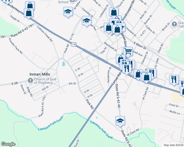 map of restaurants, bars, coffee shops, grocery stores, and more near 19 E Street in Inman