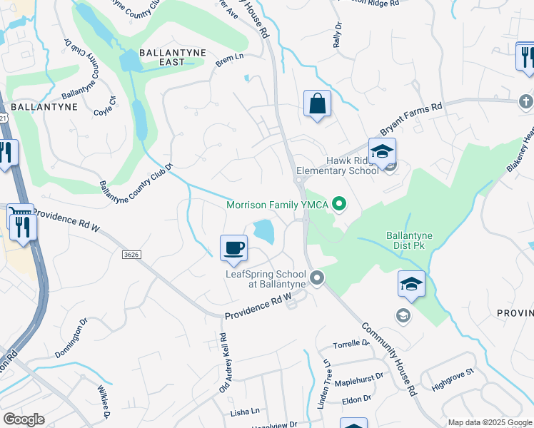 map of restaurants, bars, coffee shops, grocery stores, and more near 9648 Chaumont Lane in Charlotte