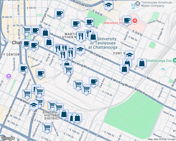 map of restaurants, bars, coffee shops, grocery stores, and more near in Chattanooga