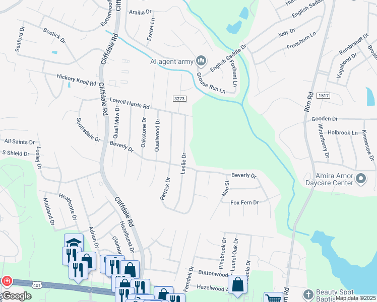 map of restaurants, bars, coffee shops, grocery stores, and more near 1033 Leslie Drive in Fayetteville
