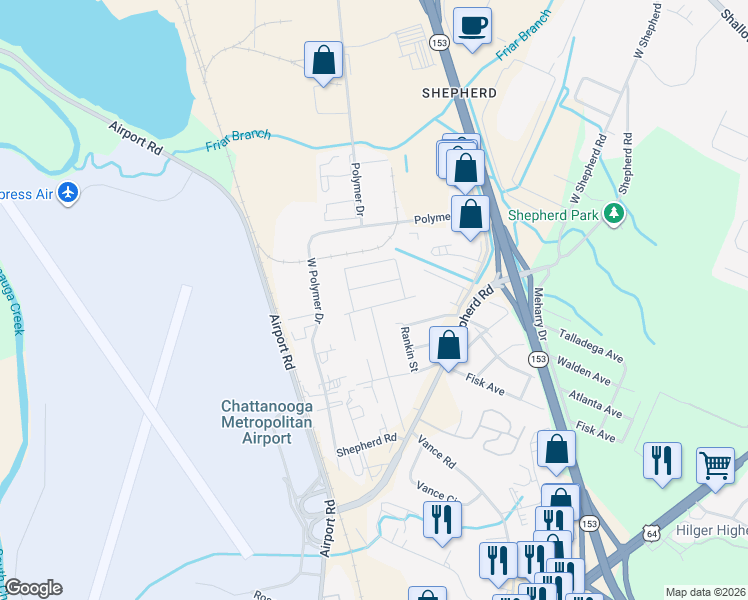 map of restaurants, bars, coffee shops, grocery stores, and more near 5807 Talladega Dr in Chattanooga